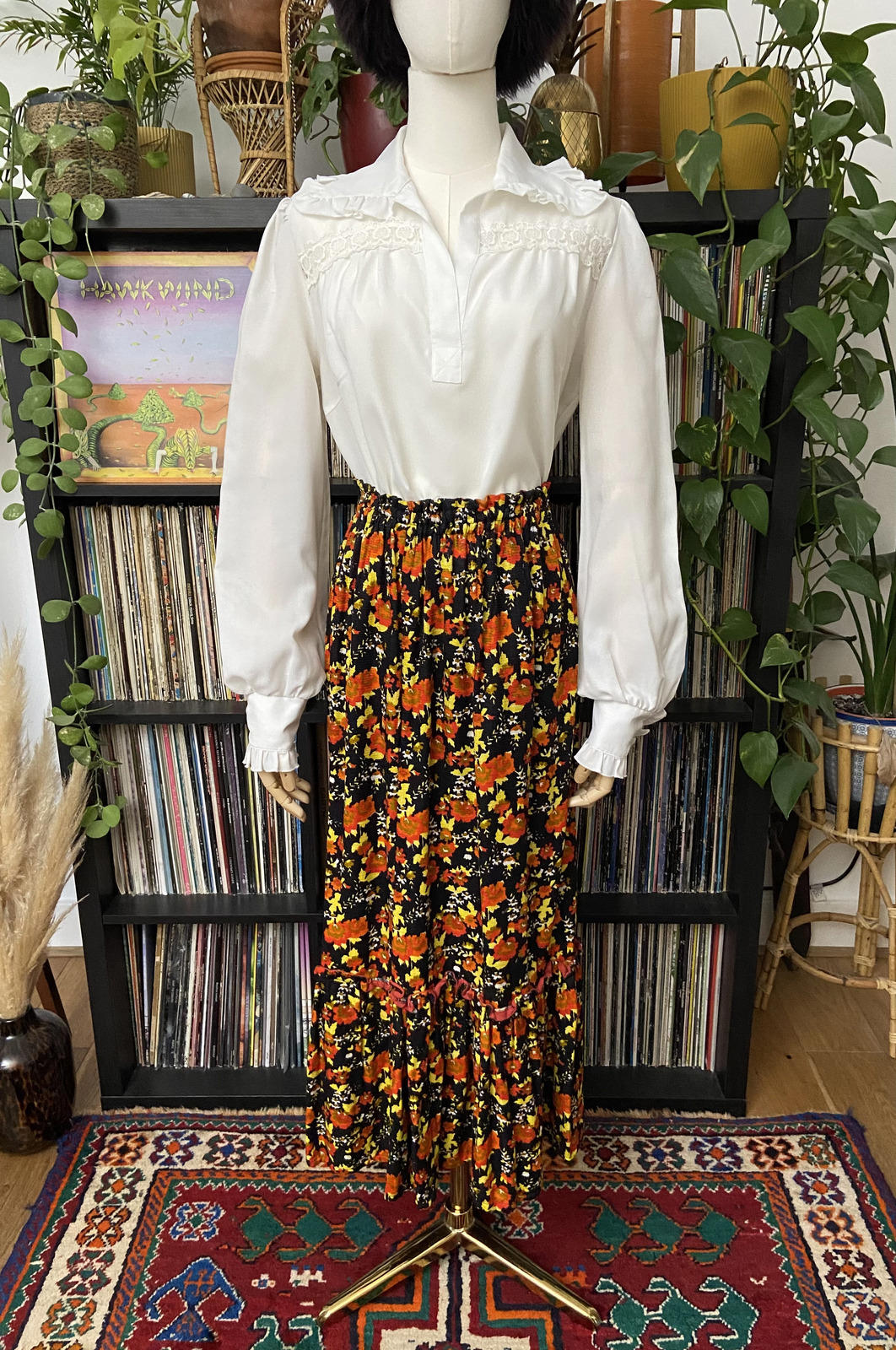 Vintage 1970s Black Yellow Orange Prairie Skirt