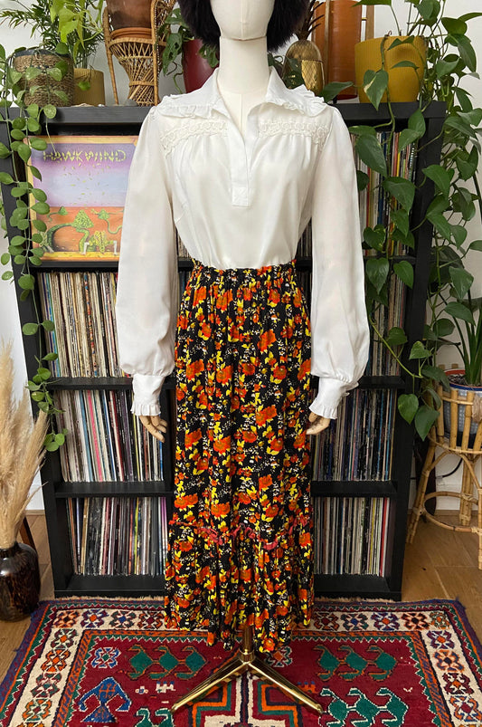 Vintage 1970s Black Yellow Orange Prairie Skirt