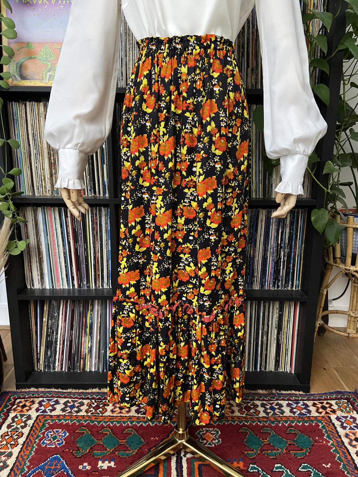 Vintage 1970s Black Yellow Orange Prairie Skirt