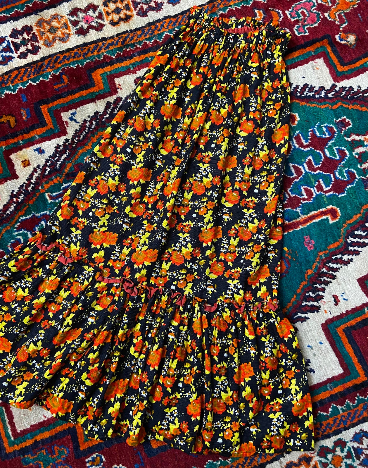 Vintage 1970s Black Yellow Orange Prairie Skirt