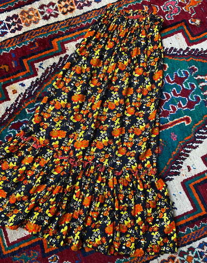 Vintage 1970s Black Yellow Orange Prairie Skirt