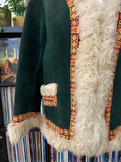 Vintage 1970s Green Embroidered Penny Lane Afghan Jacket