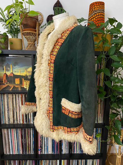 Vintage 1970s Green Embroidered Penny Lane Afghan Jacket