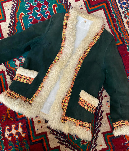 Vintage 1970s Green Embroidered Penny Lane Afghan Jacket