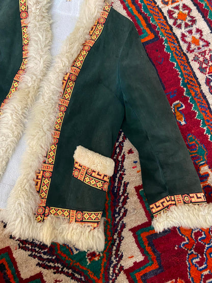 Vintage 1970s Green Embroidered Penny Lane Afghan Jacket