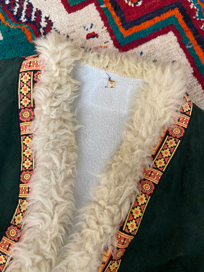 Vintage 1970s Green Embroidered Penny Lane Afghan Jacket