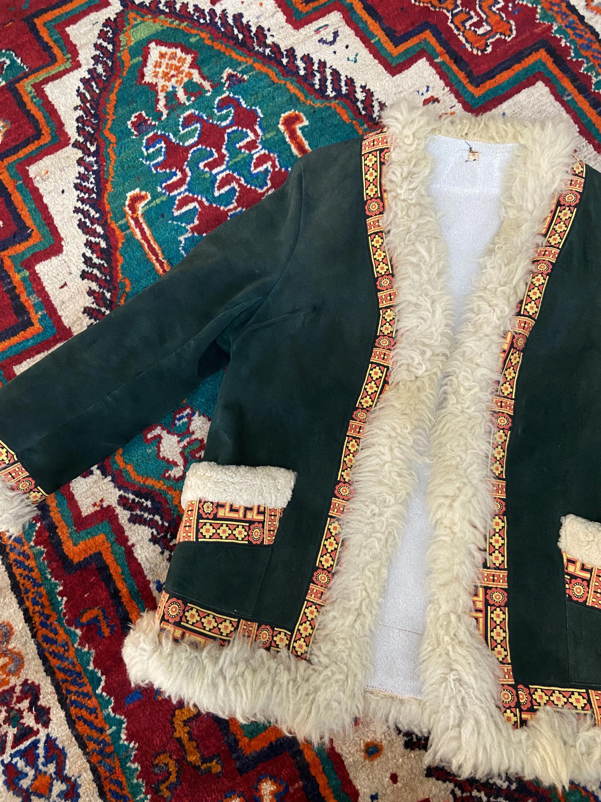 Vintage 1970s Green Embroidered Penny Lane Afghan Jacket