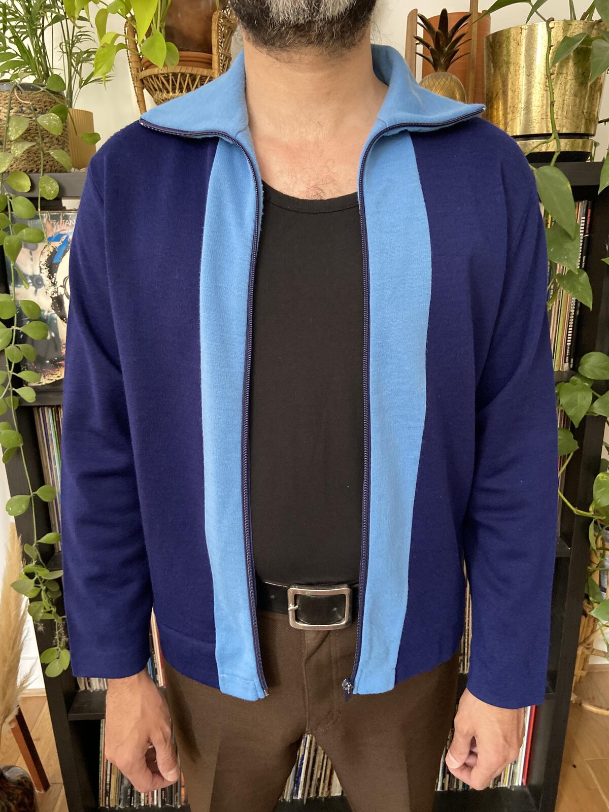 Vintage Italian 1970s Navy & Blue Zip-Up Cardigan
