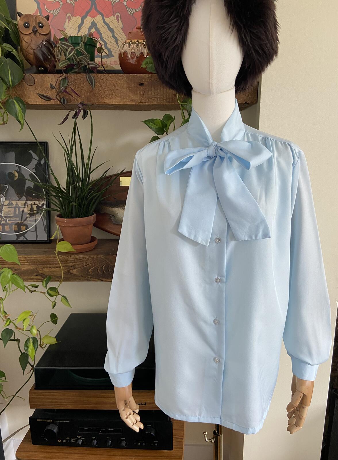 Vintage 1970s Pale Blue Pussybow Blouse