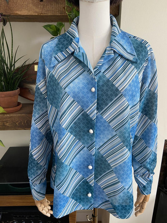 Vintage 1960s Blue Geometric Print Shirt