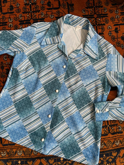 Vintage 1960s Blue Geometric Print Shirt