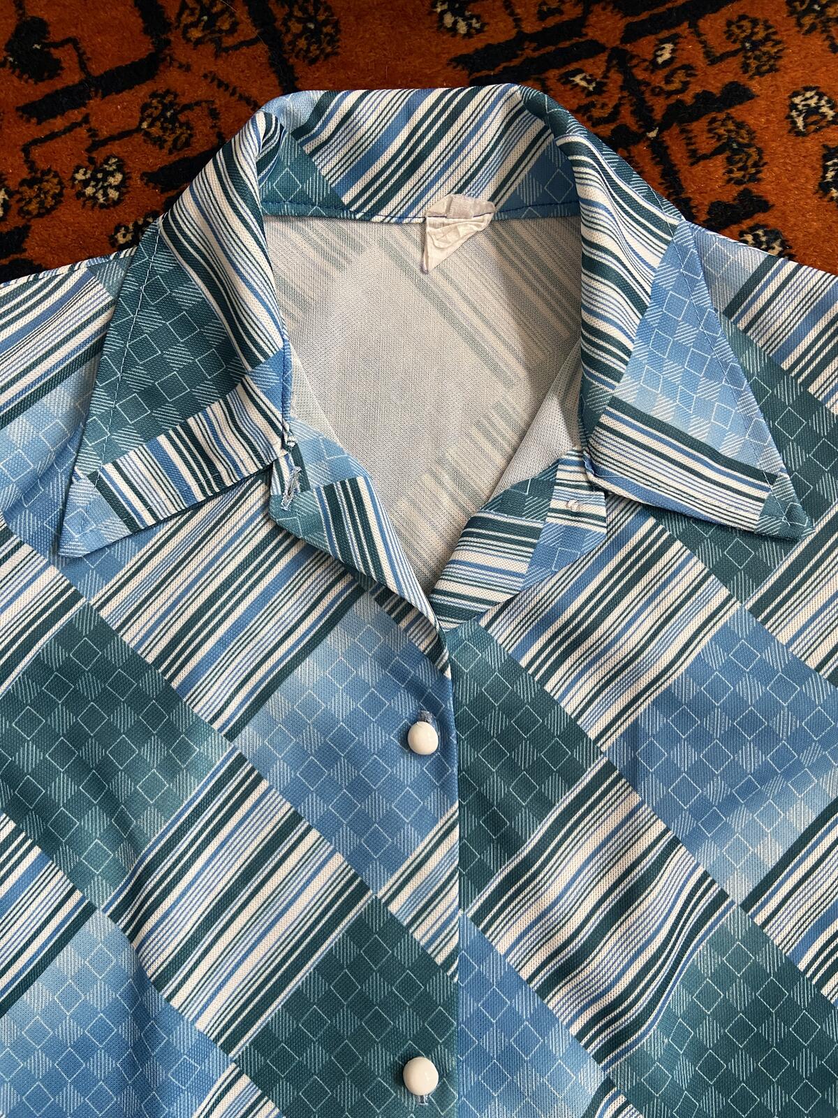 Vintage 1960s Blue Geometric Print Shirt