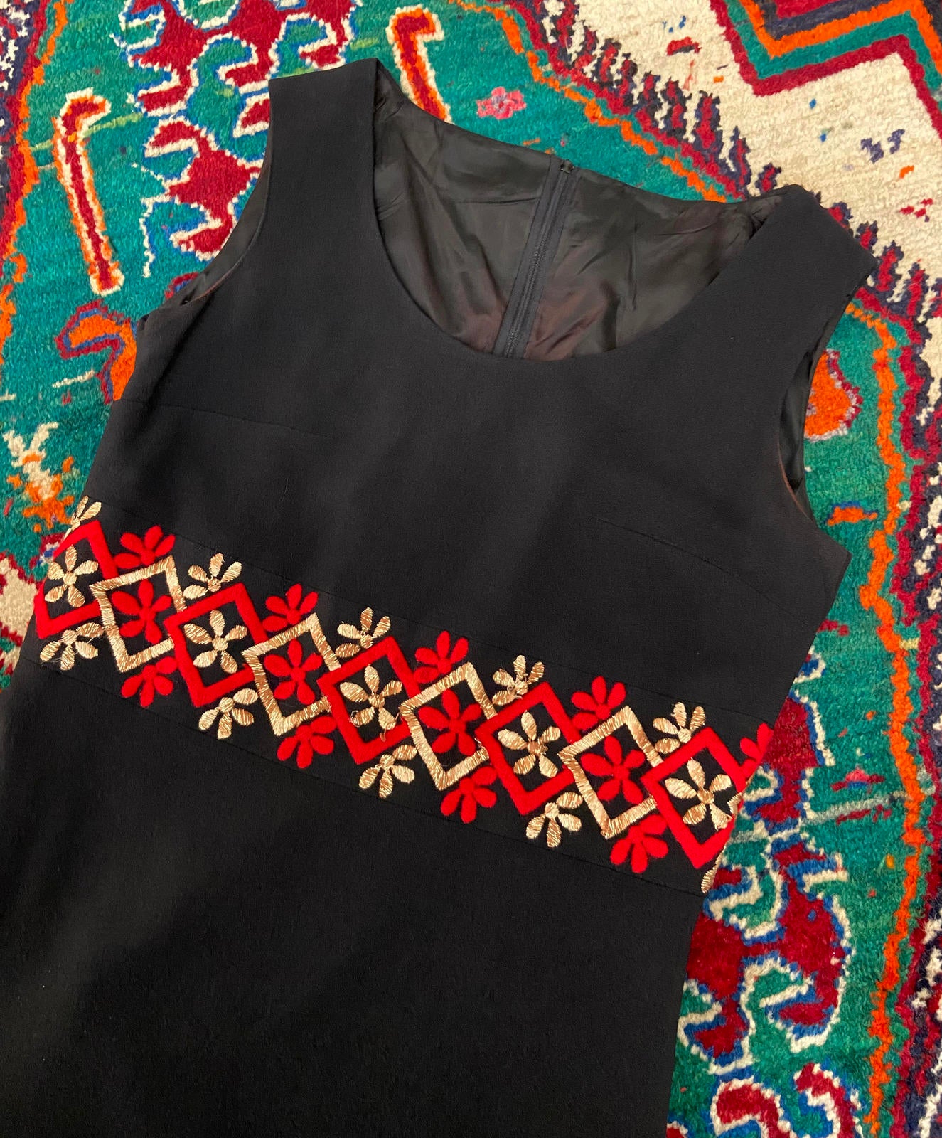 Vintage 1960s Black Embroidered Shift Dress