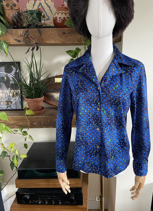 Vintage 1970s Navy Print Japanese Shirt
