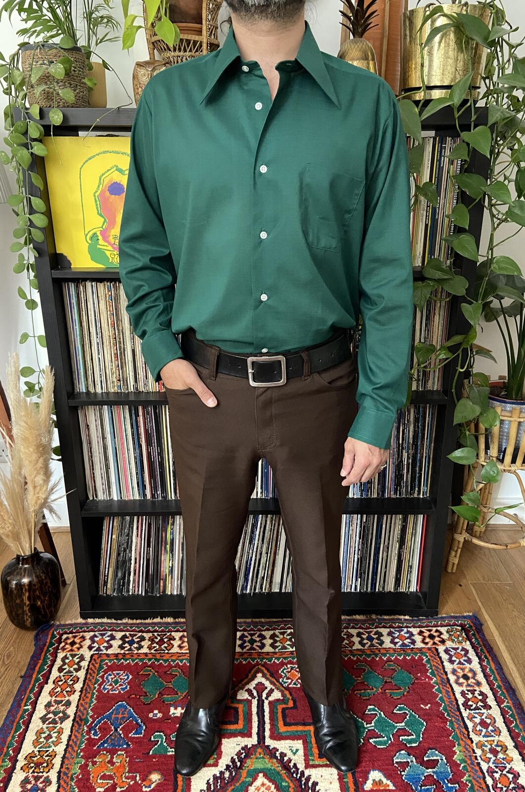 Vintage 1970s Emerald Green Deadstock Dagger Collar Shirt