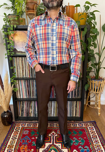 Vintage 1970s Dagger Collar Red & Blue Western Shirt