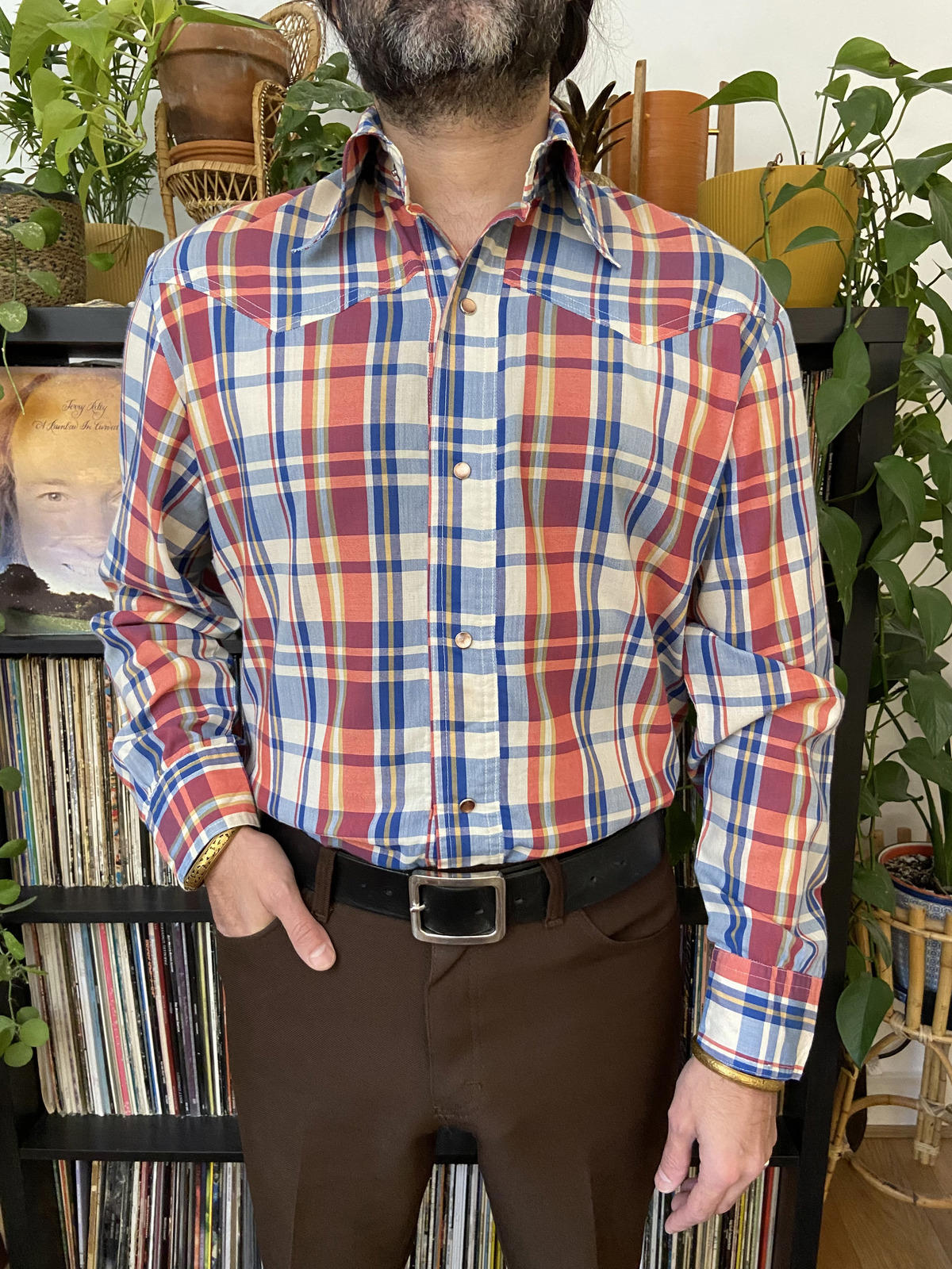 Vintage 1970s Dagger Collar Red & Blue Western Shirt