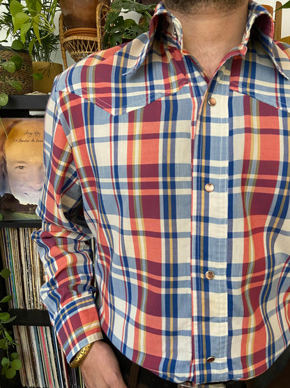 Vintage 1970s Dagger Collar Red & Blue Western Shirt