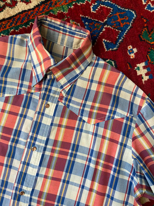 Vintage 1970s Dagger Collar Red & Blue Western Shirt