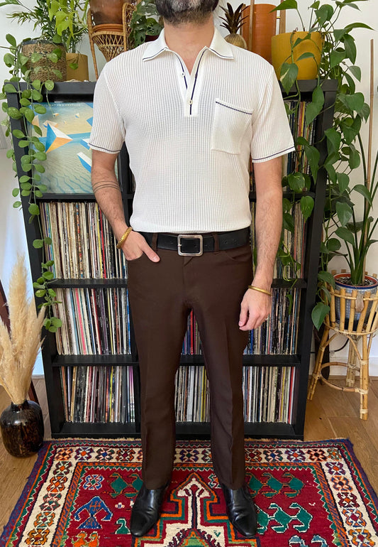 Vintage 1970s Deadstock White Loose Knit Polo Top