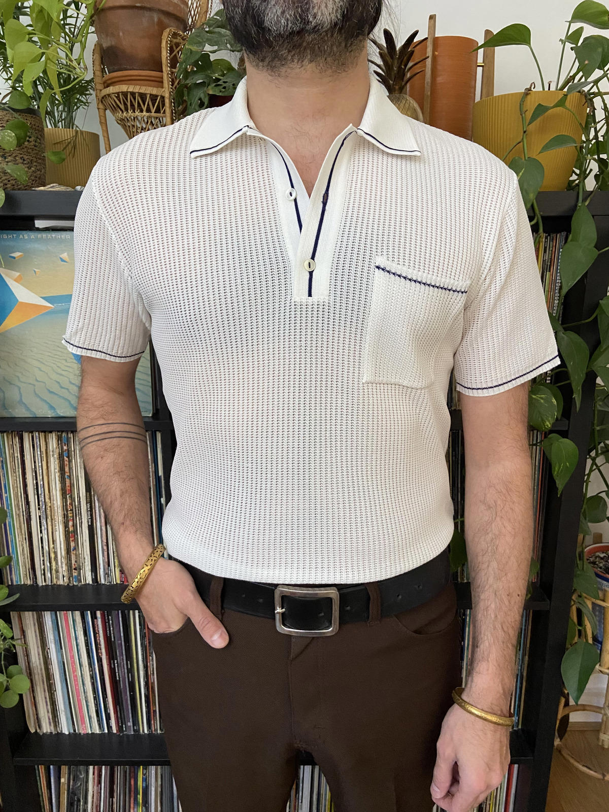 Vintage 1970s Deadstock White Loose Knit Polo Top