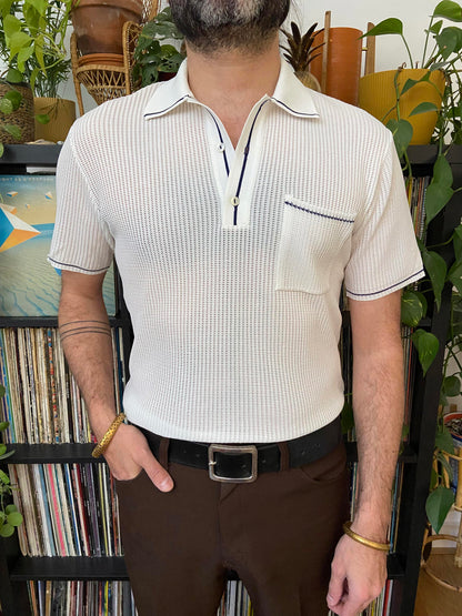 Vintage 1970s Deadstock White Loose Knit Polo Top