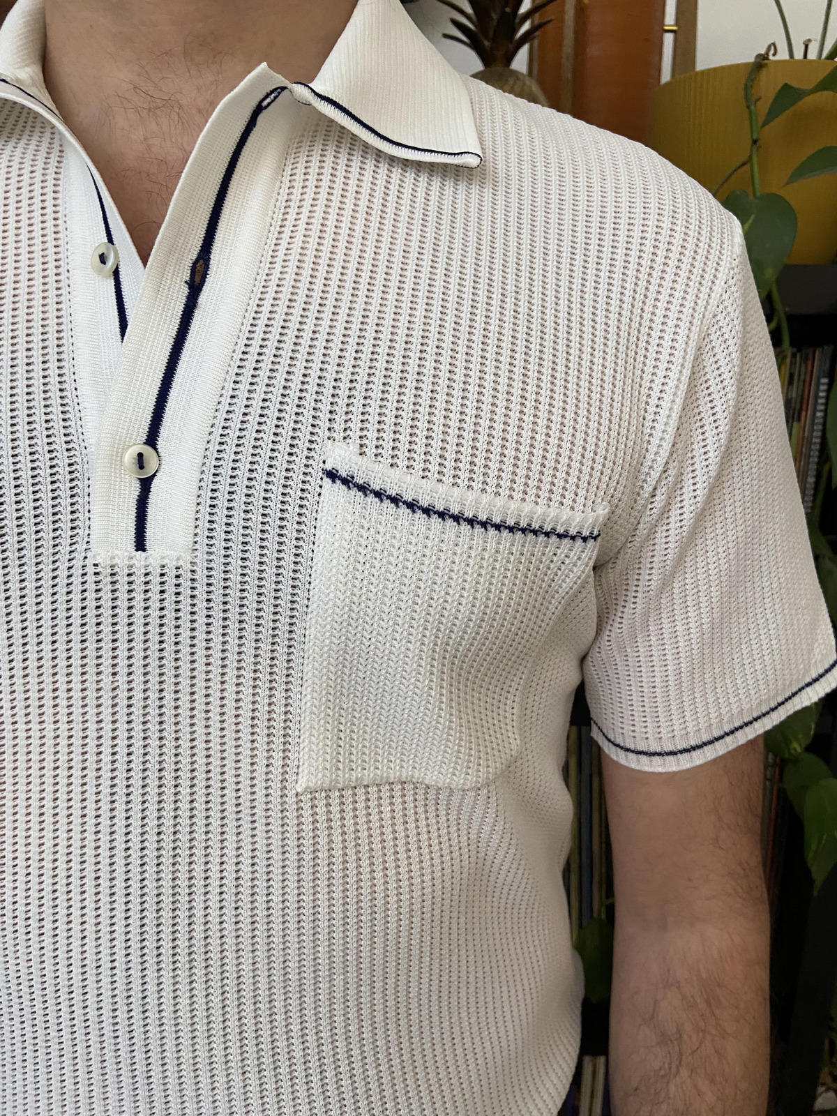Vintage 1970s Deadstock White Loose Knit Polo Top