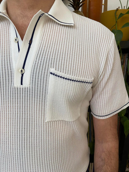Vintage 1970s Deadstock White Loose Knit Polo Top