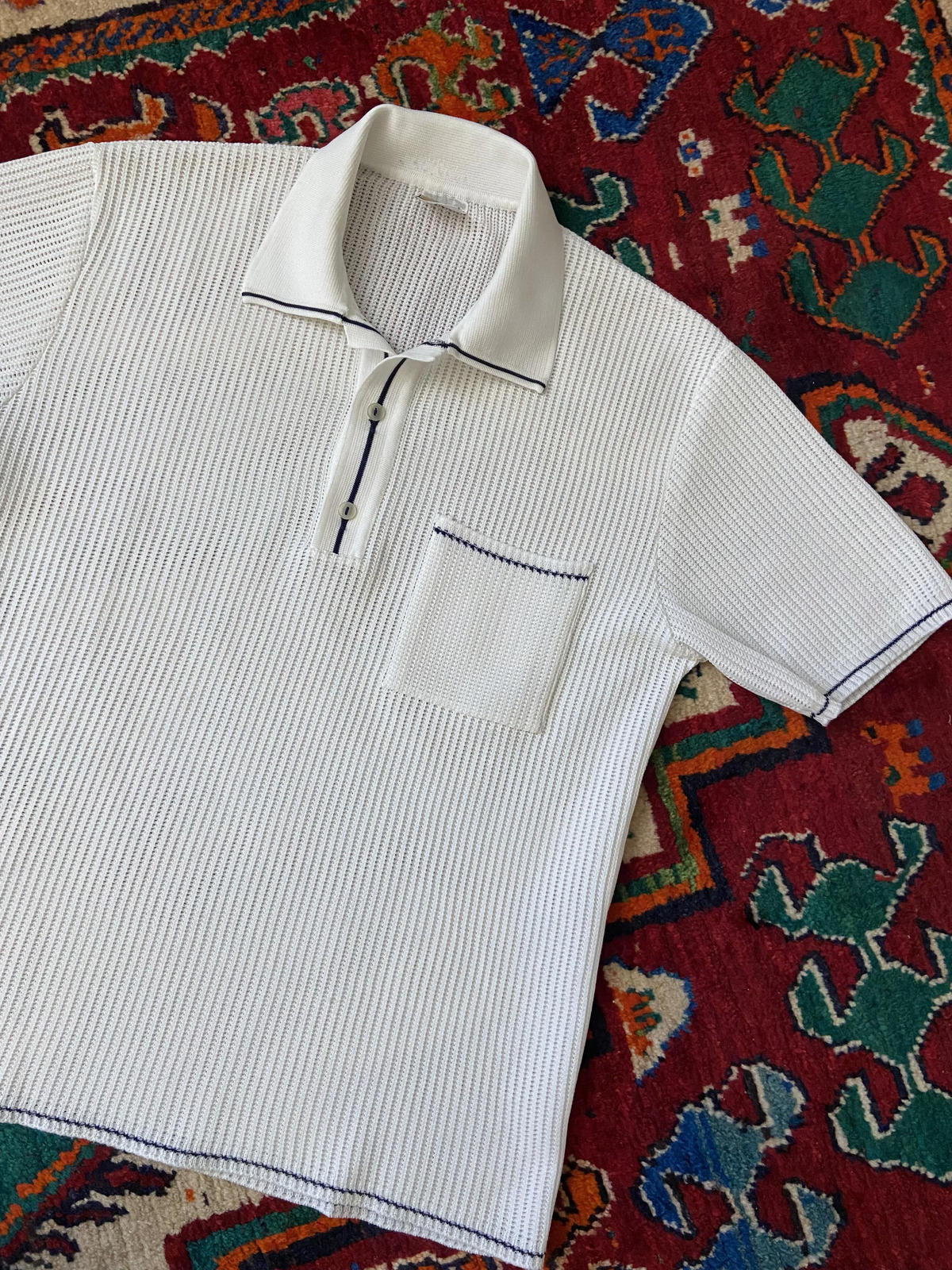 Vintage 1970s Deadstock White Loose Knit Polo Top