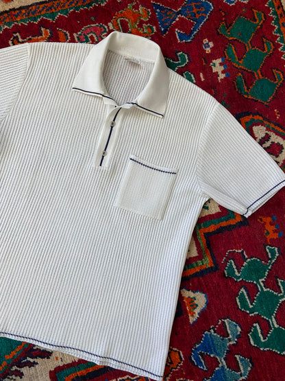 Vintage 1970s Deadstock White Loose Knit Polo Top