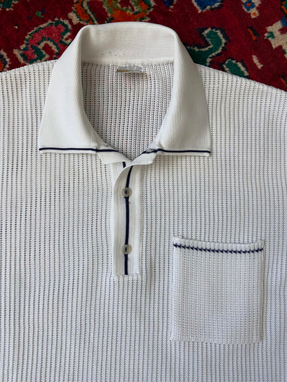 Vintage 1970s Deadstock White Loose Knit Polo Top