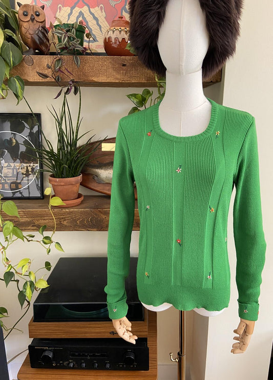 Vintage 1970s Green Long Sleeve Floral Embroidered Top