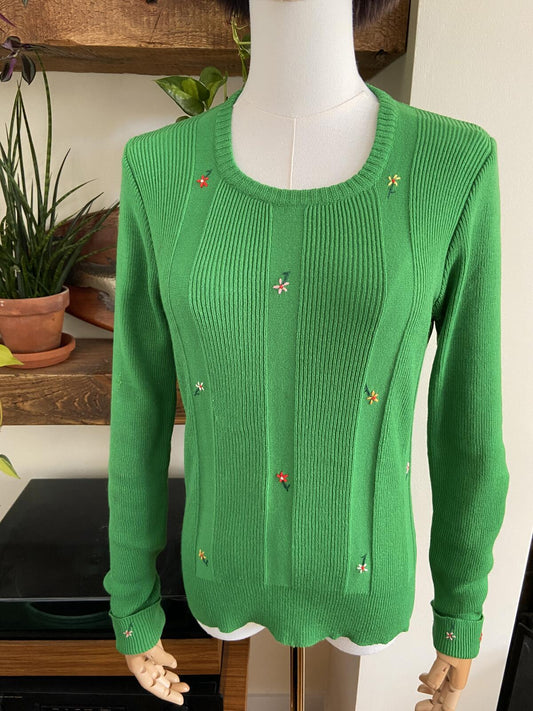 Vintage 1970s Green Long Sleeve Floral Embroidered Top