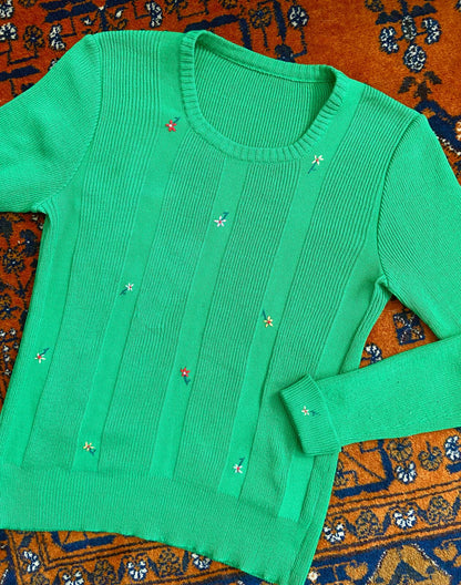 Vintage 1970s Green Long Sleeve Floral Embroidered Top