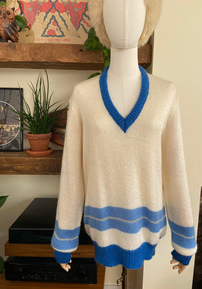 Vintage 1970s Cream Blue Silver V-Neck Jumper