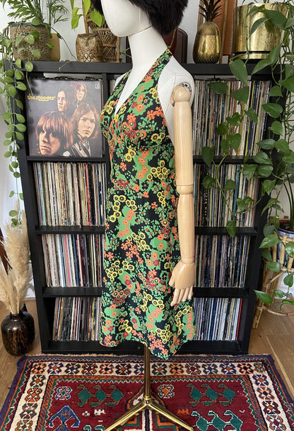 Vintage 1970s Colourful Floral Halterneck Dress
