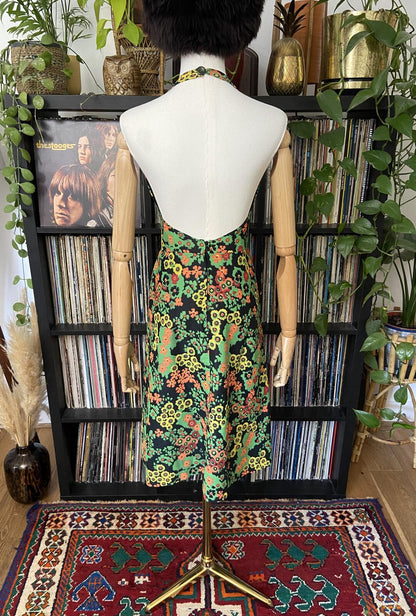 Vintage 1970s Colourful Floral Halterneck Dress