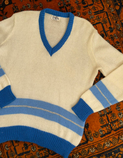 Vintage 1970s Cream Blue Silver V-Neck Jumper