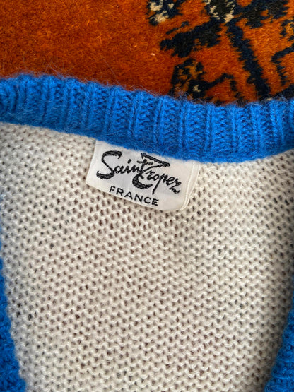 Vintage 1970s Cream Blue Silver V-Neck Jumper