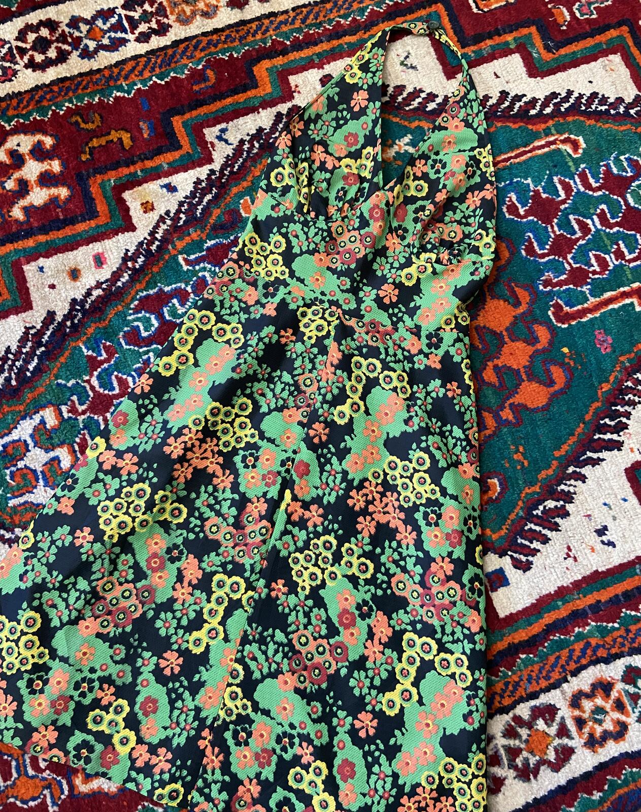 Vintage 1970s Colourful Floral Halterneck Dress