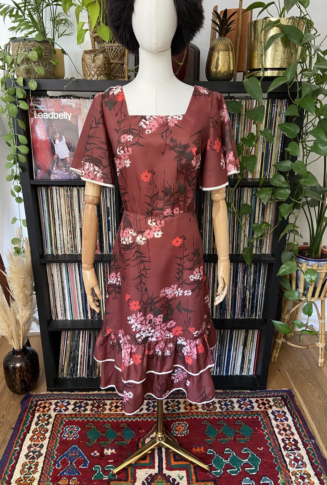Vintage 1970s Burgundy Floral Layered Dress