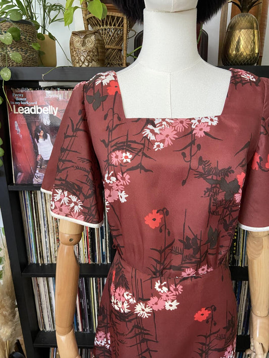 Vintage 1970s Burgundy Floral Layered Dress