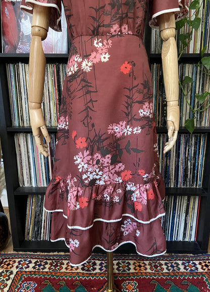 Vintage 1970s Burgundy Floral Layered Dress
