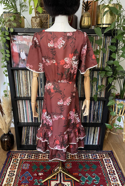 Vintage 1970s Burgundy Floral Layered Dress