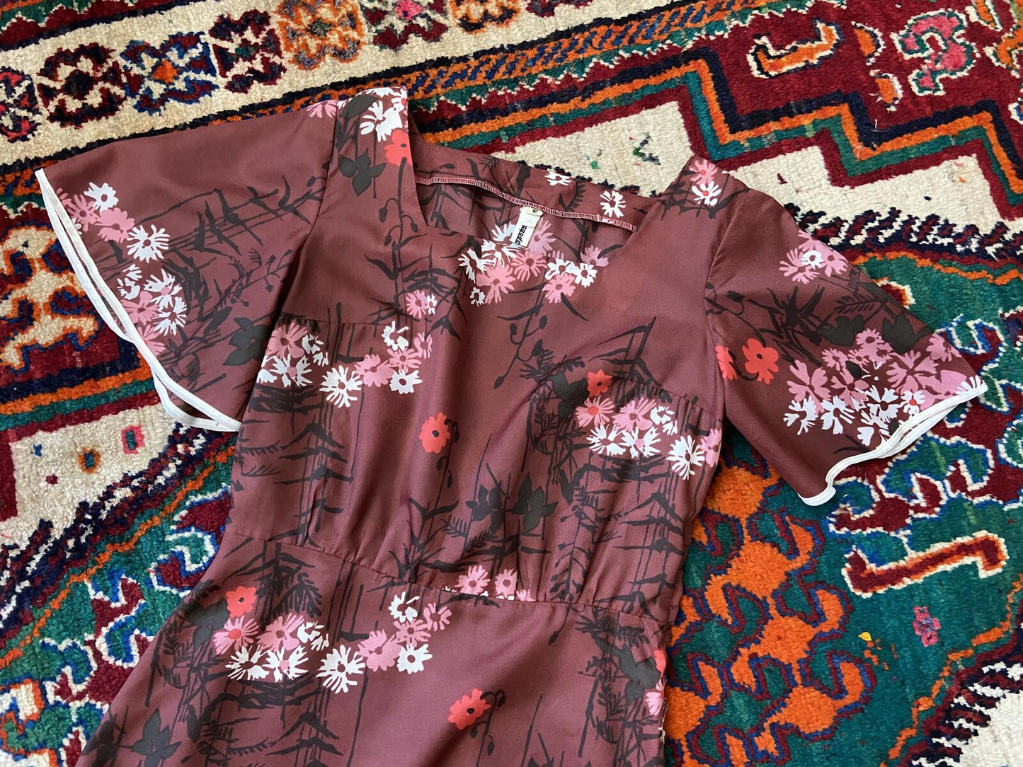Vintage 1970s Burgundy Floral Layered Dress