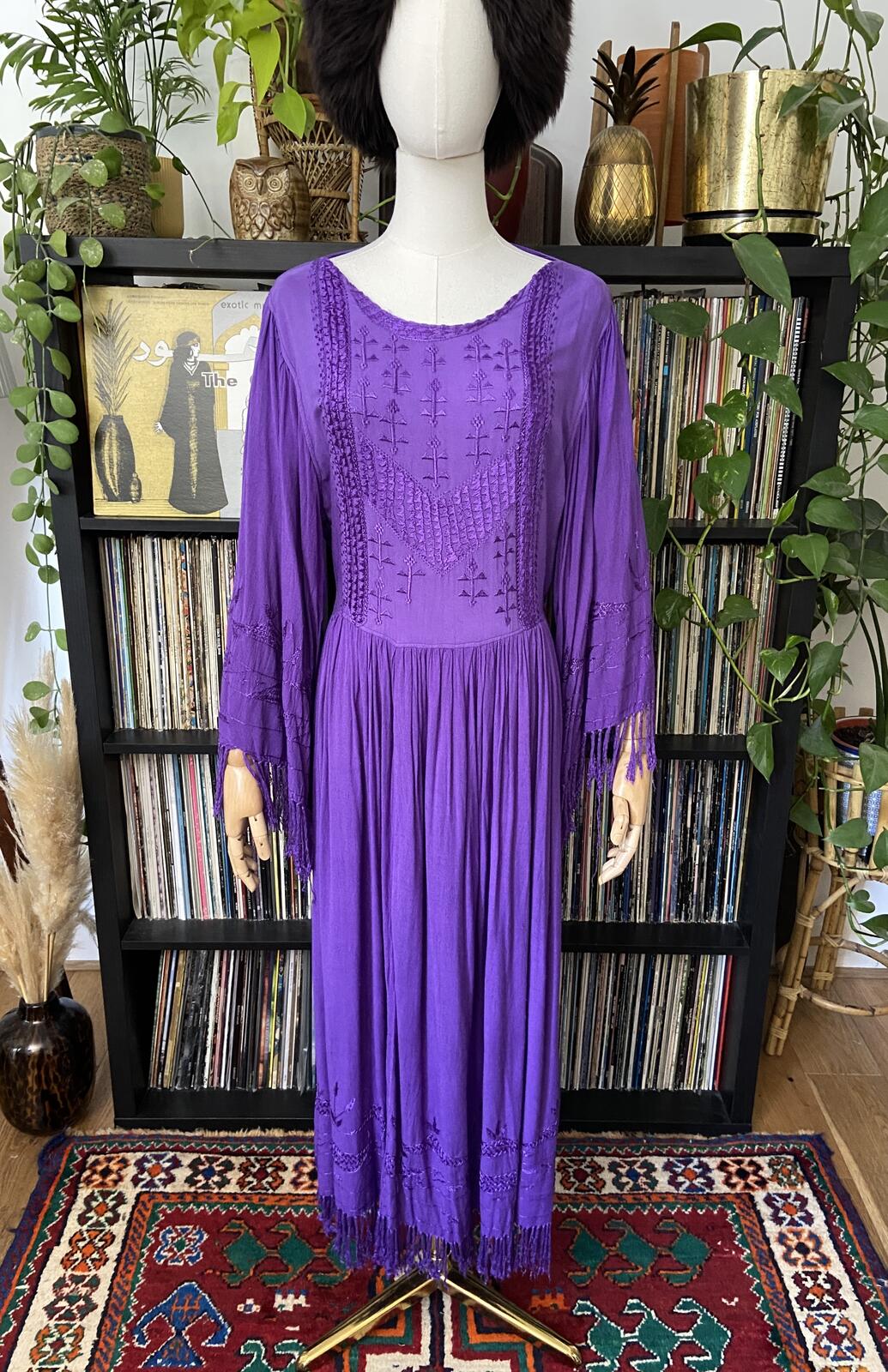 Vintage 1970s Purple Fringed Afghan Dress