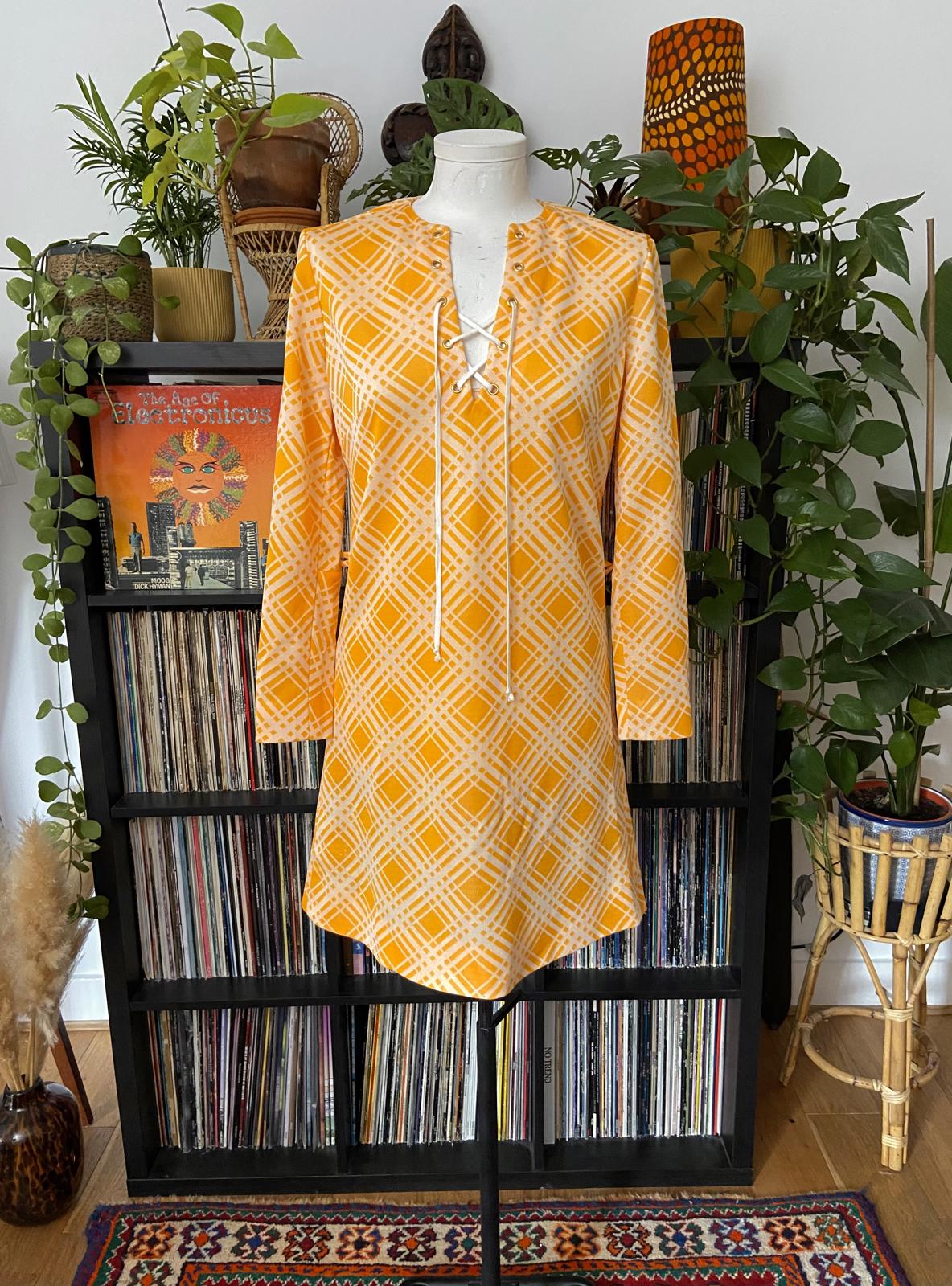 Vintage 1960s Orange Check Lace Up Dress