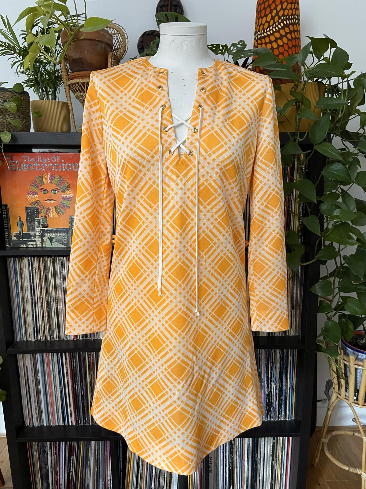 Vintage 1960s Orange Check Lace Up Dress