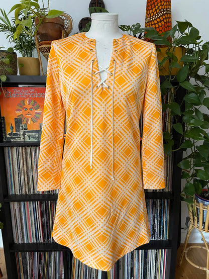 Vintage 1960s Orange Check Lace Up Dress