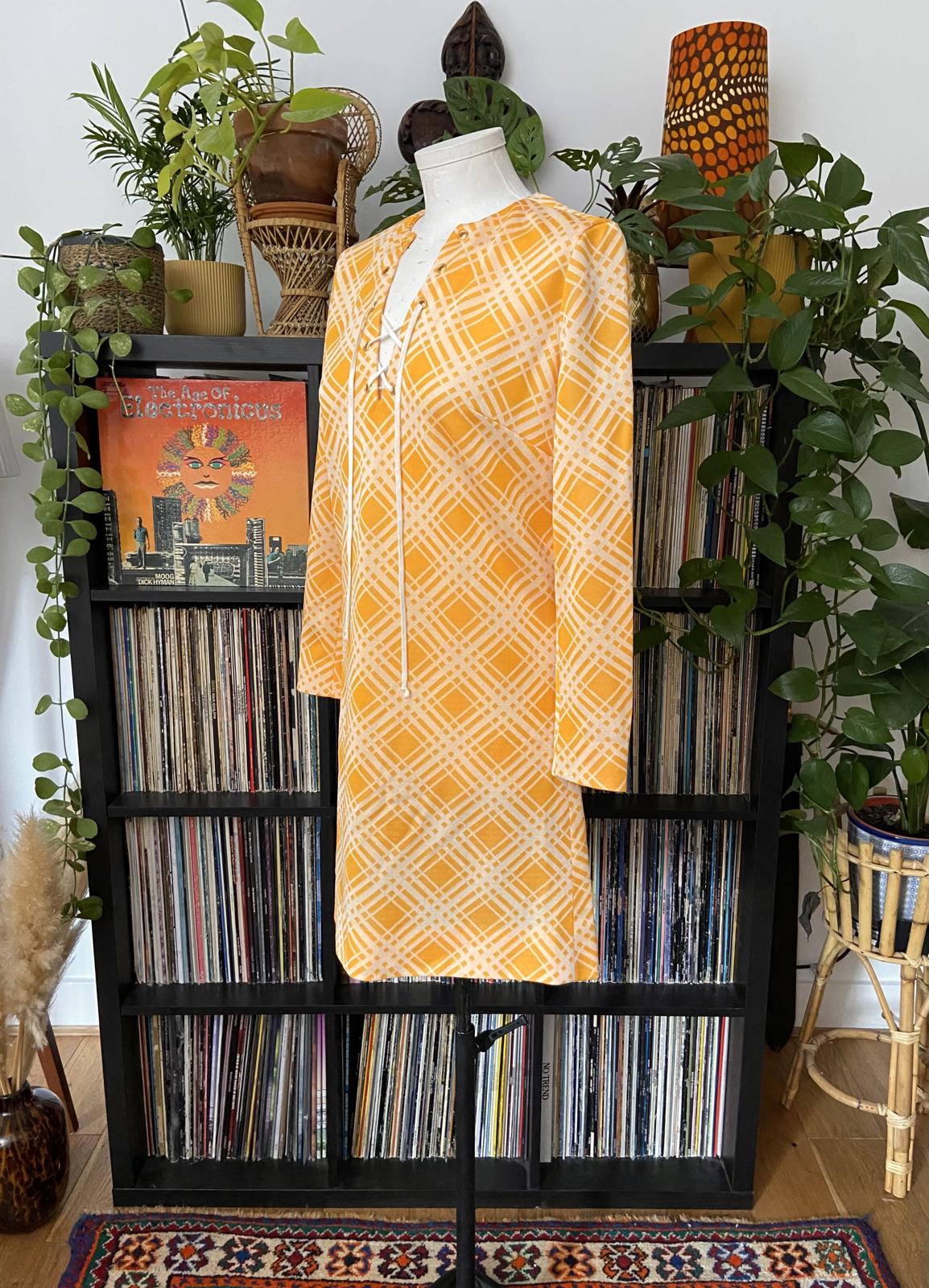 Vintage 1960s Orange Check Lace Up Dress